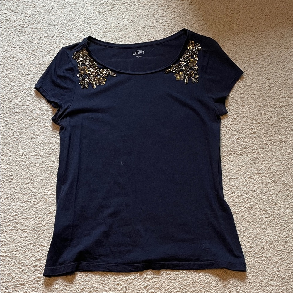 LOFT Navy Short Sleeve Tee with Metallic Shoulder Embellishment